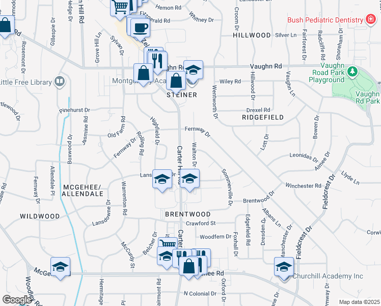 map of restaurants, bars, coffee shops, grocery stores, and more near 3357 Carter Hill Road in Montgomery