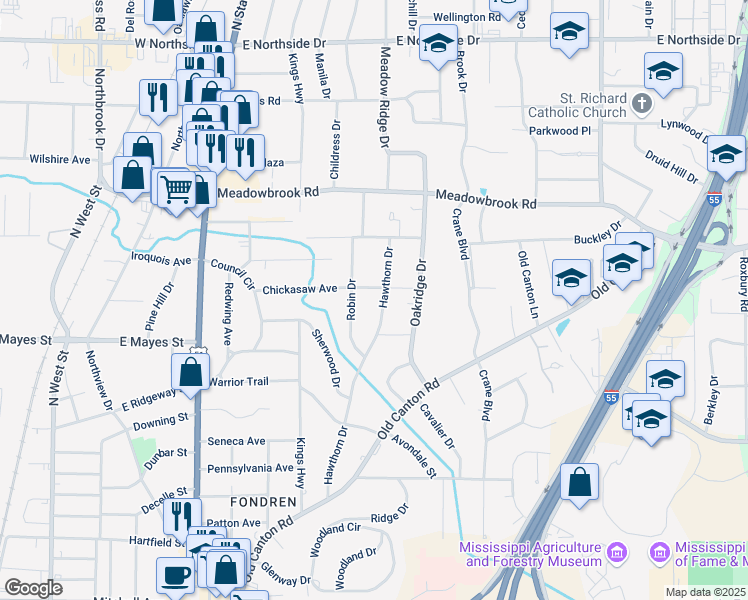 map of restaurants, bars, coffee shops, grocery stores, and more near 4019 Hawthorn Drive in Jackson