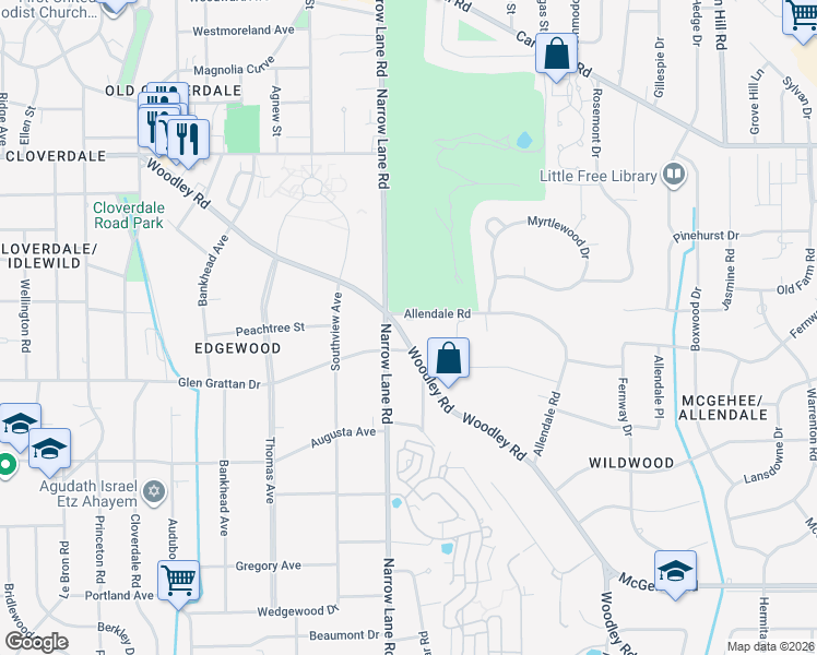 map of restaurants, bars, coffee shops, grocery stores, and more near 2012 Allendale Road in Montgomery