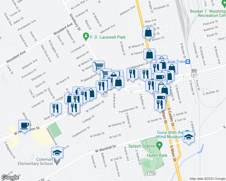 map of restaurants, bars, coffee shops, grocery stores, and more near 600 West Henderson Street in Cleburne