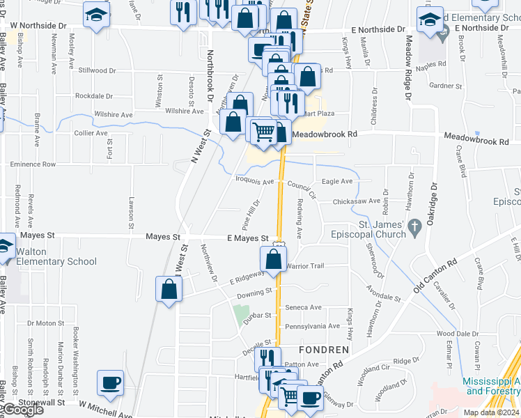map of restaurants, bars, coffee shops, grocery stores, and more near 4052 Pine Hill Drive in Jackson