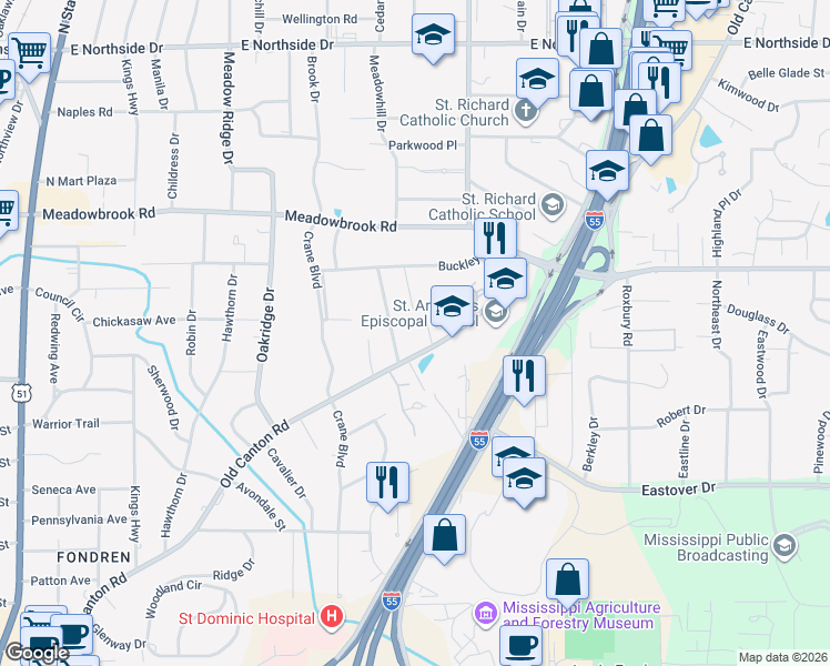 map of restaurants, bars, coffee shops, grocery stores, and more near 4019 Old Canton Road in Jackson