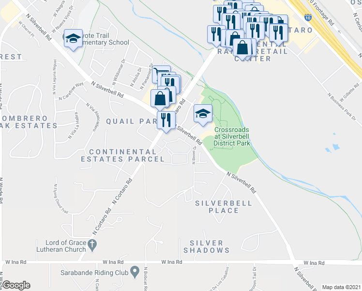 map of restaurants, bars, coffee shops, grocery stores, and more near 7759 North Silverbell Road in Tucson