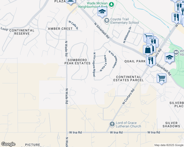 map of restaurants, bars, coffee shops, grocery stores, and more near 7673 North Vía Laguna Niguel in Tucson