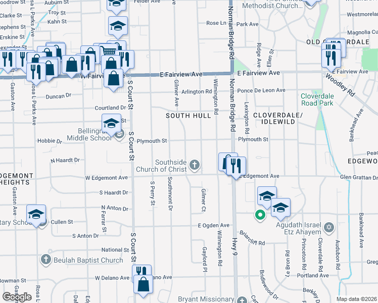 map of restaurants, bars, coffee shops, grocery stores, and more near 3344 Gilmer Avenue in Montgomery