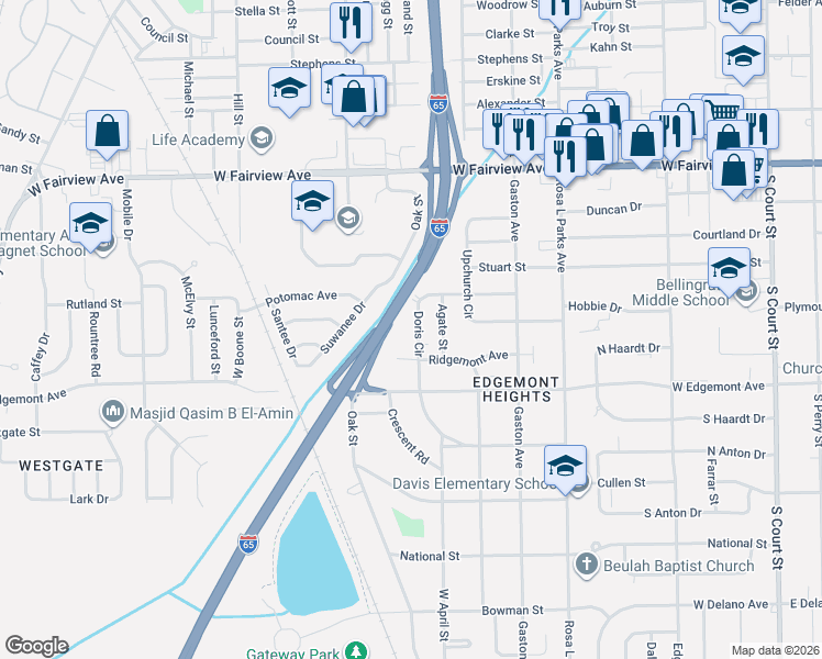 map of restaurants, bars, coffee shops, grocery stores, and more near 3233 Doris Circle in Montgomery