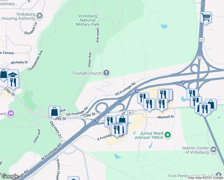map of restaurants, bars, coffee shops, grocery stores, and more near 103 Honeysuckle Lane in Vicksburg