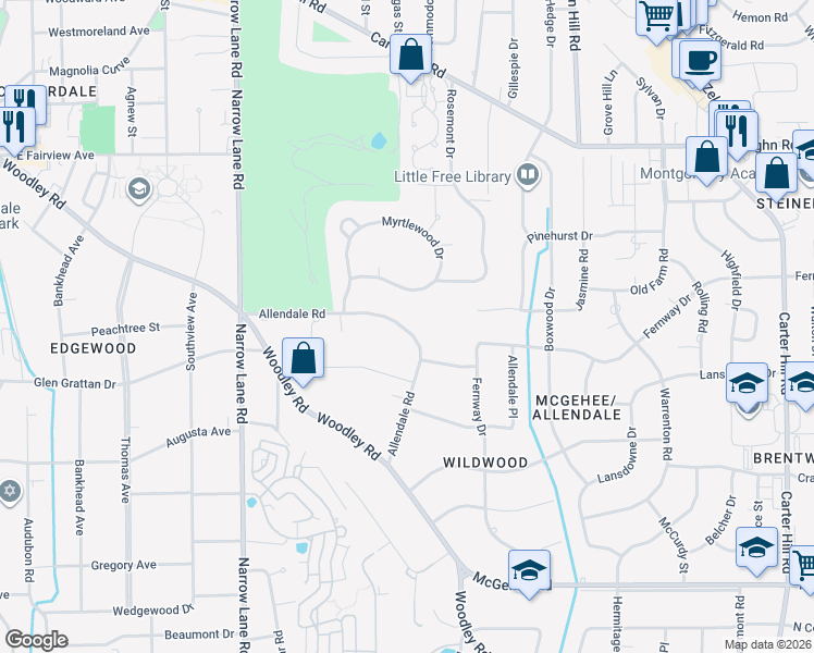 map of restaurants, bars, coffee shops, grocery stores, and more near 2153 Allendale Road in Montgomery