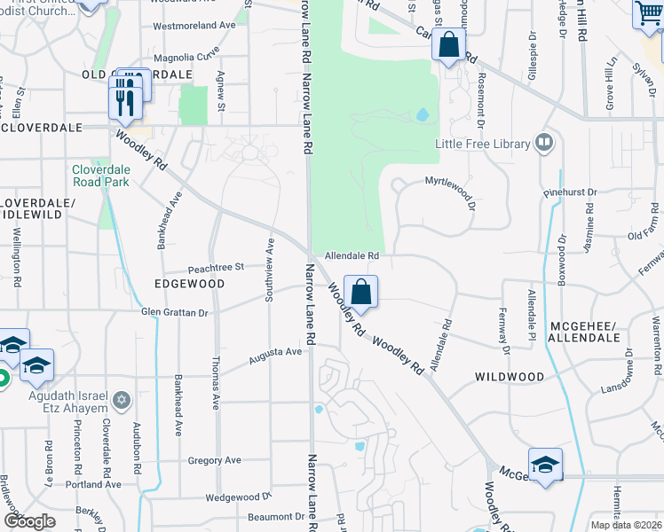 map of restaurants, bars, coffee shops, grocery stores, and more near 2012 Allendale Road in Montgomery