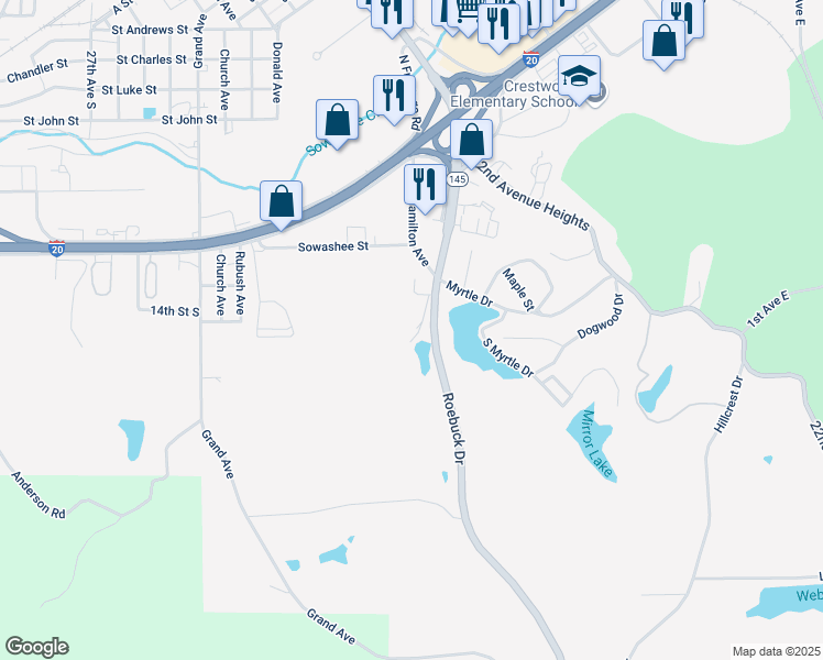 map of restaurants, bars, coffee shops, grocery stores, and more near 1718 Roebuck Drive in Meridian