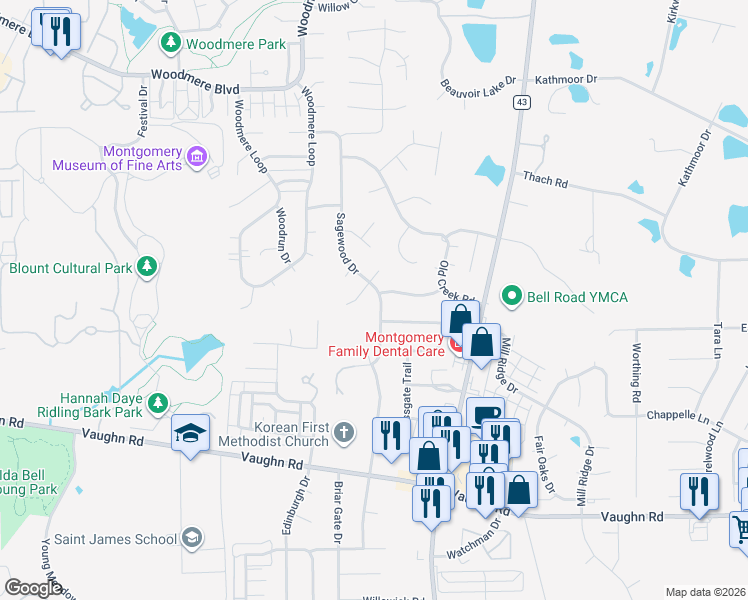 map of restaurants, bars, coffee shops, grocery stores, and more near 2410 Sagewood Drive in Montgomery