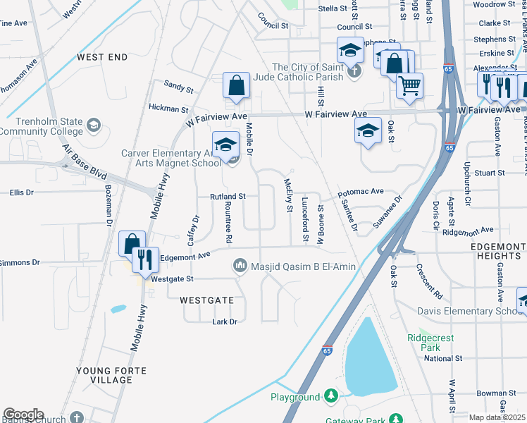 map of restaurants, bars, coffee shops, grocery stores, and more near 3339-3345 Mobile Drive in Montgomery