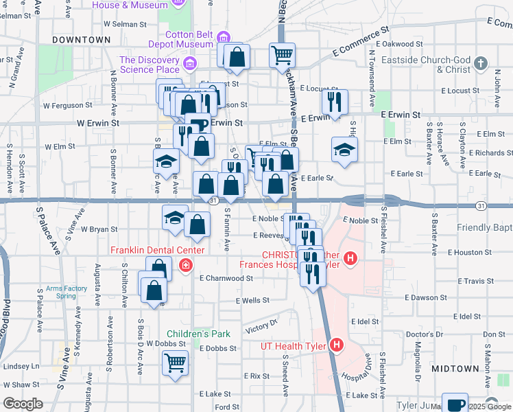 map of restaurants, bars, coffee shops, grocery stores, and more near 401 East Front Street in Tyler