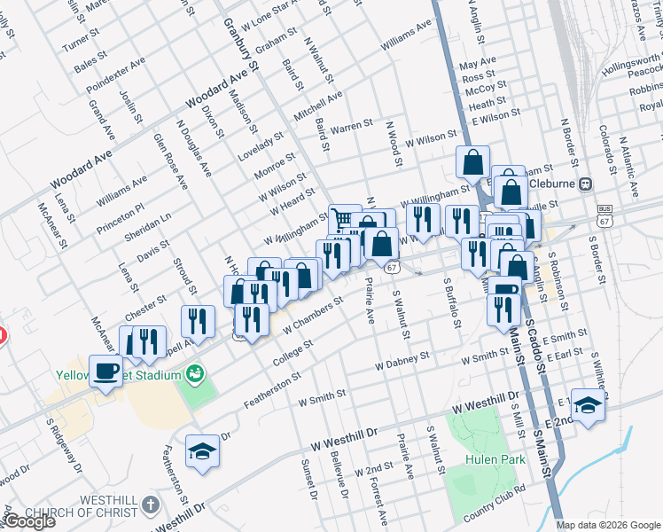 map of restaurants, bars, coffee shops, grocery stores, and more near 622 West Henderson Street in Cleburne