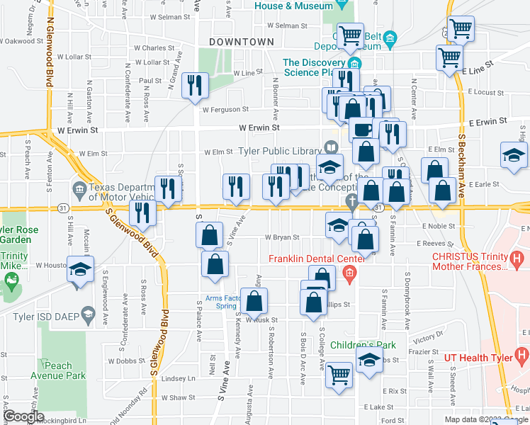 map of restaurants, bars, coffee shops, grocery stores, and more near 600 West Front Street in Tyler