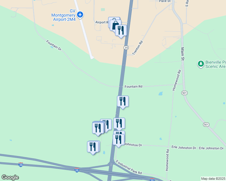map of restaurants, bars, coffee shops, grocery stores, and more near 1237 Mississippi 35 in Forest