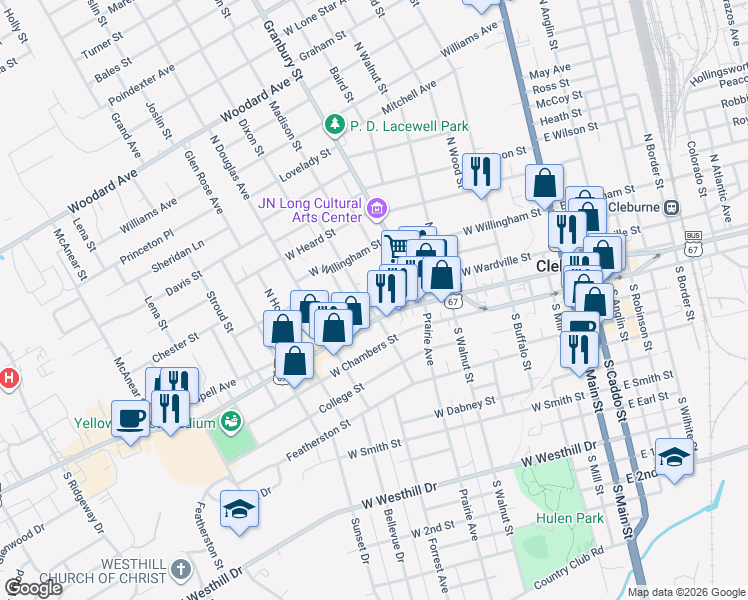 map of restaurants, bars, coffee shops, grocery stores, and more near 622 West Henderson Street in Cleburne