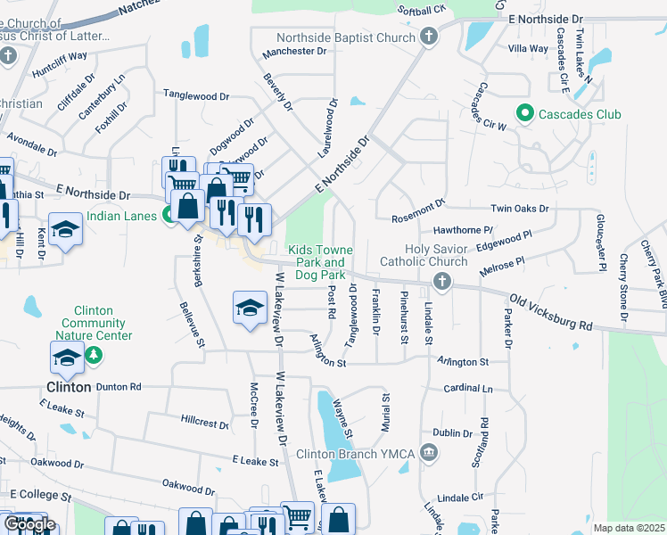 map of restaurants, bars, coffee shops, grocery stores, and more near 1111 Old Vicksburg Road in Clinton