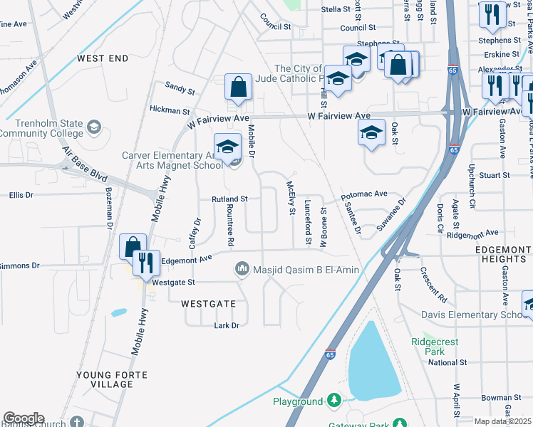 map of restaurants, bars, coffee shops, grocery stores, and more near 3339-3345 Mobile Drive in Montgomery