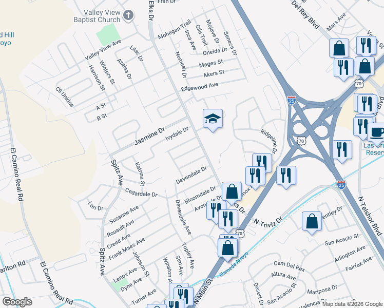 map of restaurants, bars, coffee shops, grocery stores, and more near 1012 Ellendale Drive in Las Cruces