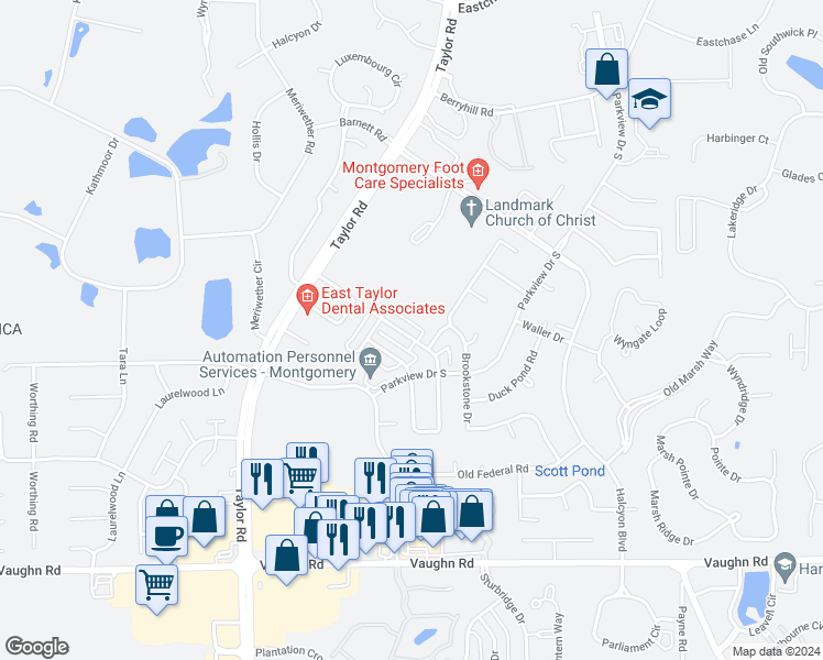 map of restaurants, bars, coffee shops, grocery stores, and more near 2125 Halcyon Downs Loop in Montgomery