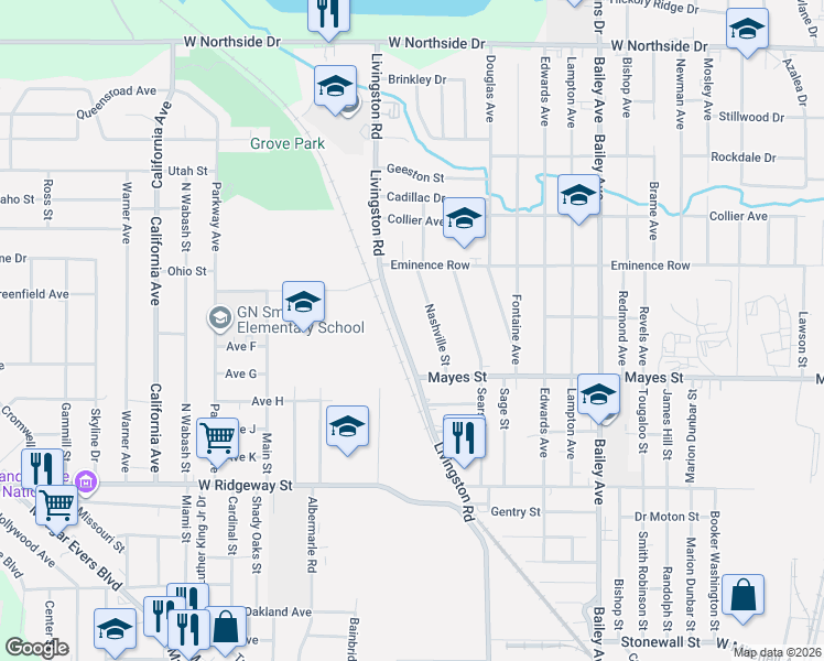 map of restaurants, bars, coffee shops, grocery stores, and more near 3343 Nashville St in Jackson