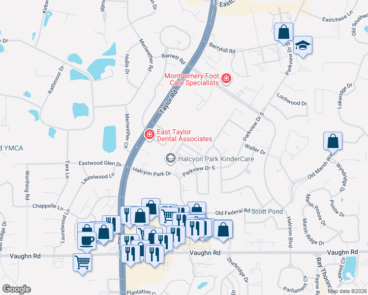 map of restaurants, bars, coffee shops, grocery stores, and more near 2624 Halcyon Downs Loop in Montgomery