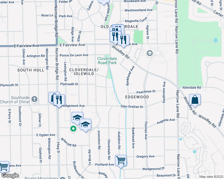 map of restaurants, bars, coffee shops, grocery stores, and more near 3333 Cloverdale Road in Montgomery