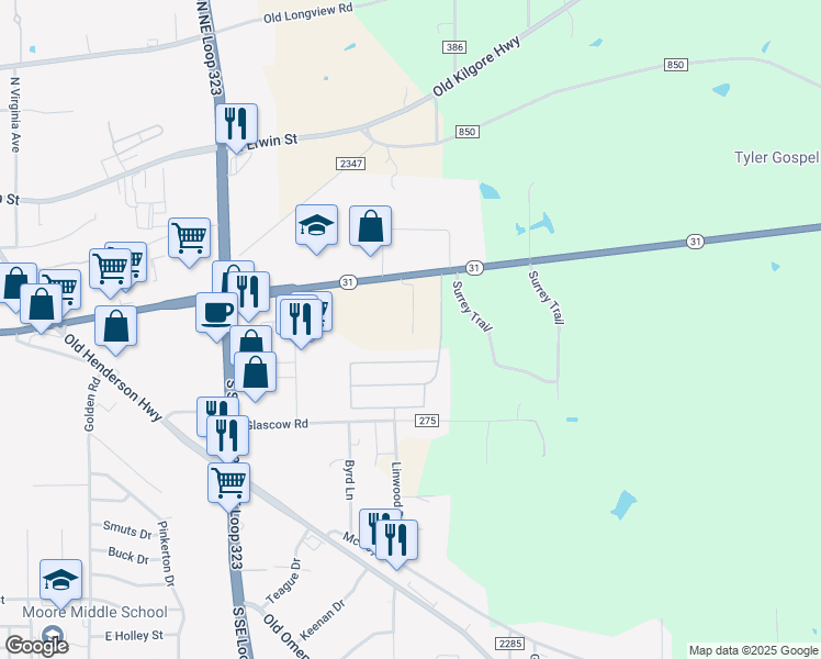 map of restaurants, bars, coffee shops, grocery stores, and more near 3055 Texas 31 in Tyler