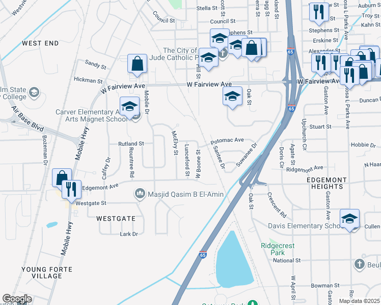 map of restaurants, bars, coffee shops, grocery stores, and more near 3327 Lunceford Street in Montgomery
