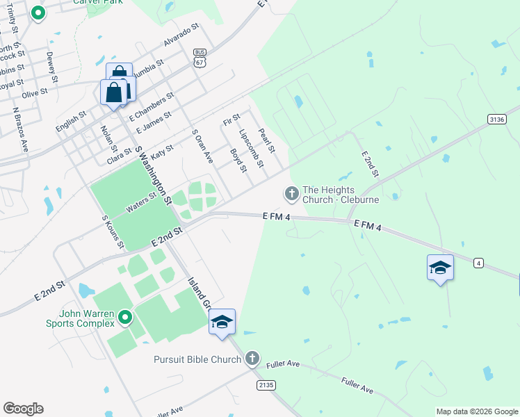 map of restaurants, bars, coffee shops, grocery stores, and more near 1219 Farm to Market 4 in Cleburne