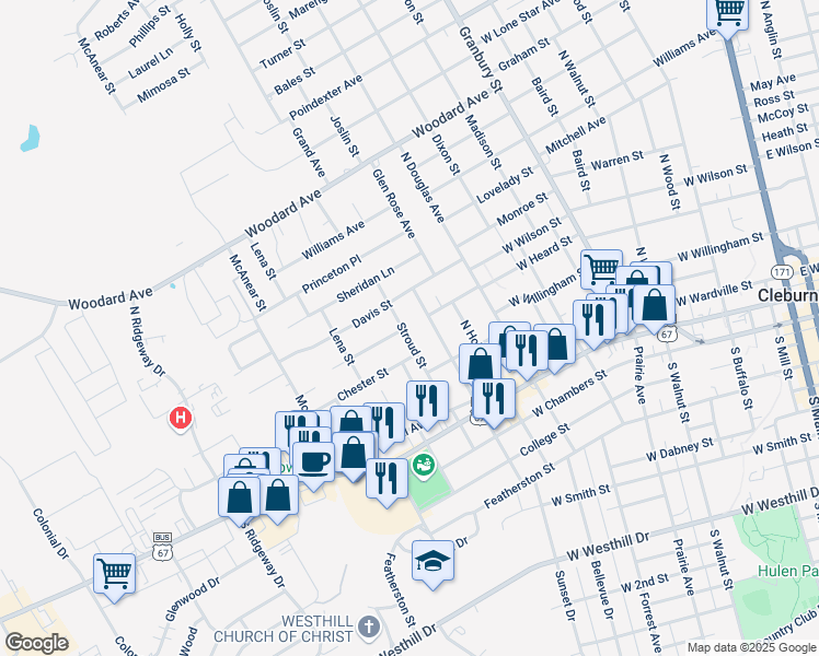 map of restaurants, bars, coffee shops, grocery stores, and more near 316 Stroud Street in Cleburne