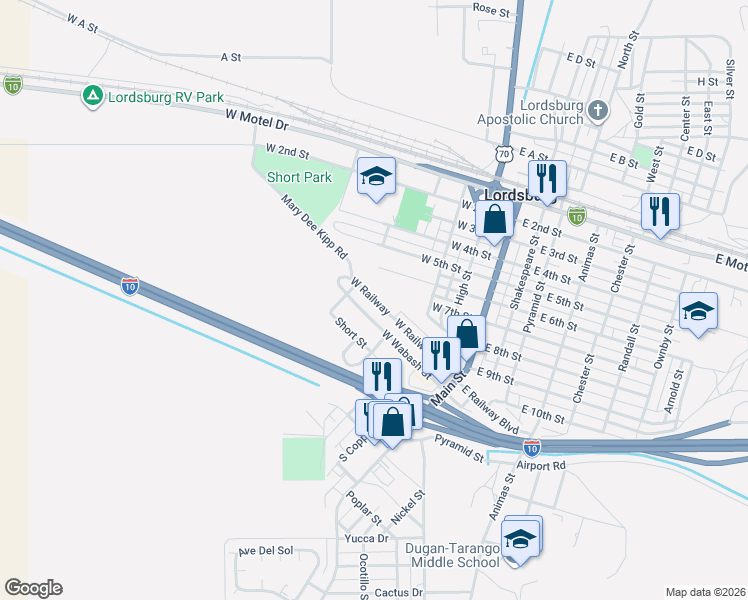 map of restaurants, bars, coffee shops, grocery stores, and more near West Railway in Lordsburg
