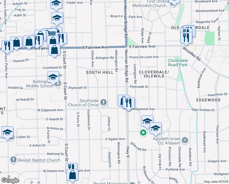 map of restaurants, bars, coffee shops, grocery stores, and more near 3347 Wilmington Road in Montgomery