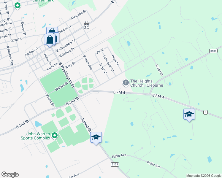 map of restaurants, bars, coffee shops, grocery stores, and more near 1219 Farm to Market 4 in Cleburne