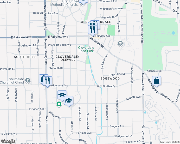 map of restaurants, bars, coffee shops, grocery stores, and more near 3333 Cloverdale Road in Montgomery