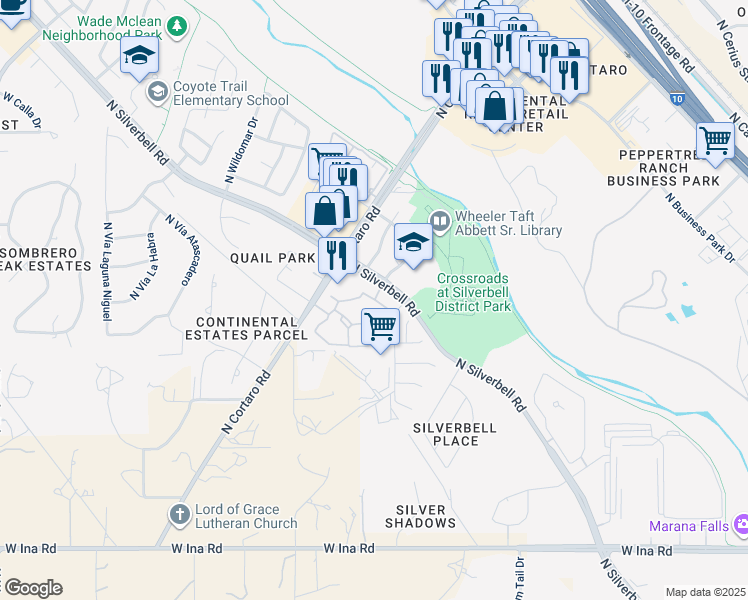 map of restaurants, bars, coffee shops, grocery stores, and more near 7759 North Silverbell Road in Tucson