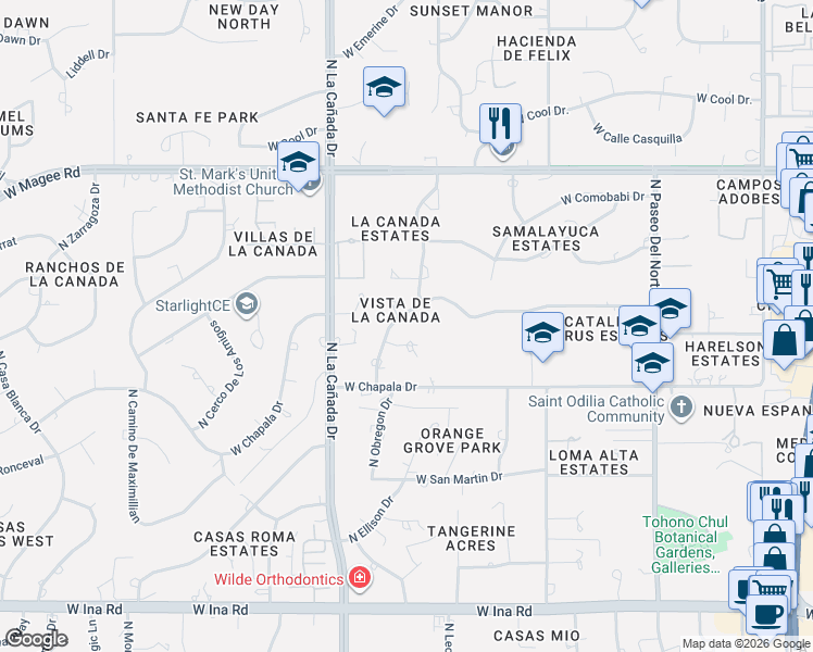 map of restaurants, bars, coffee shops, grocery stores, and more near 1226 West Calzada Court in Tucson