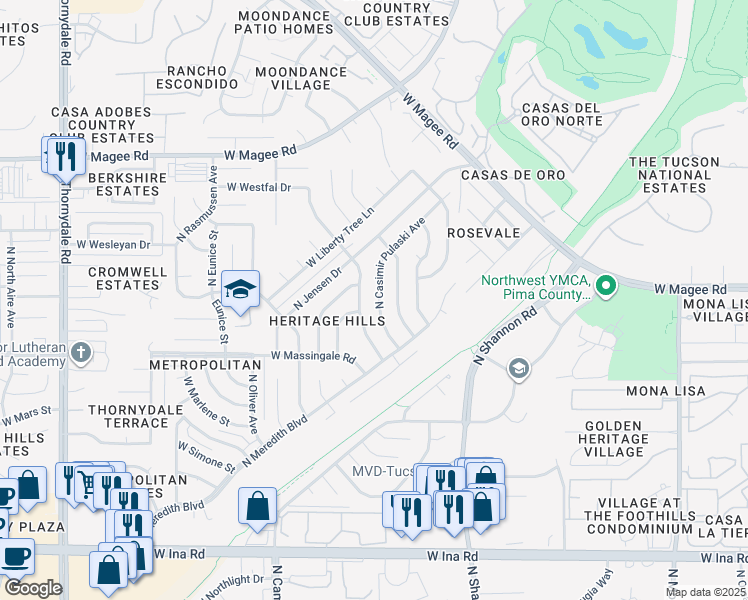 map of restaurants, bars, coffee shops, grocery stores, and more near 7670 North Casimir Pulaski Avenue in Tucson