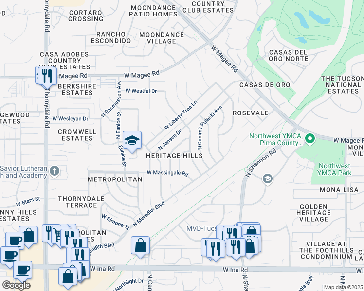 map of restaurants, bars, coffee shops, grocery stores, and more near 7680 North Saffron Avenue in Tucson