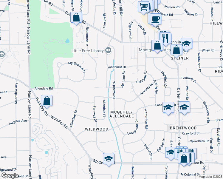 map of restaurants, bars, coffee shops, grocery stores, and more near 2407 Fernway Drive in Montgomery