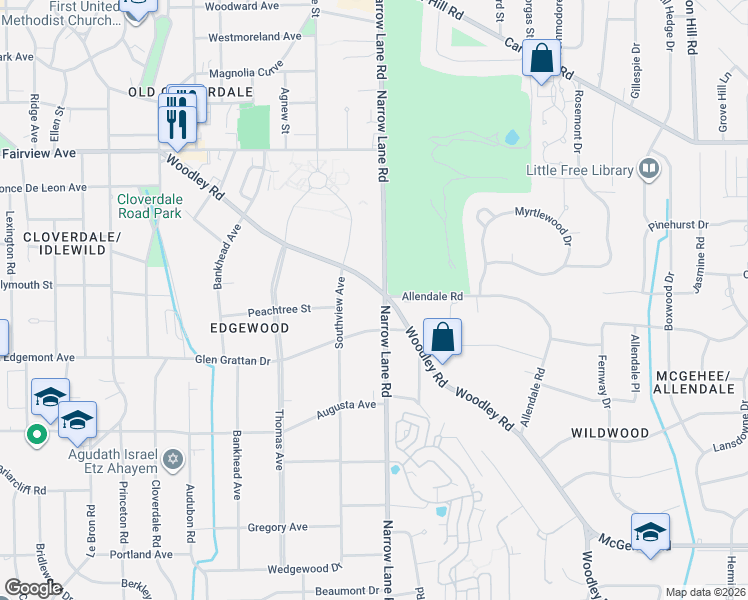 map of restaurants, bars, coffee shops, grocery stores, and more near 3224 Narrow Lane Road in Montgomery