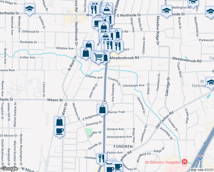 map of restaurants, bars, coffee shops, grocery stores, and more near 4022 North State Street in Jackson