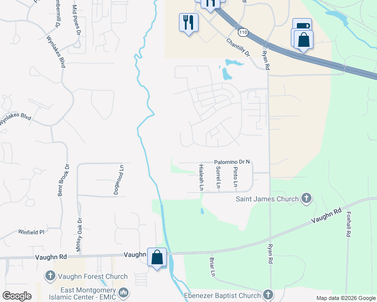map of restaurants, bars, coffee shops, grocery stores, and more near 10625 Palomino Drive North in Montgomery