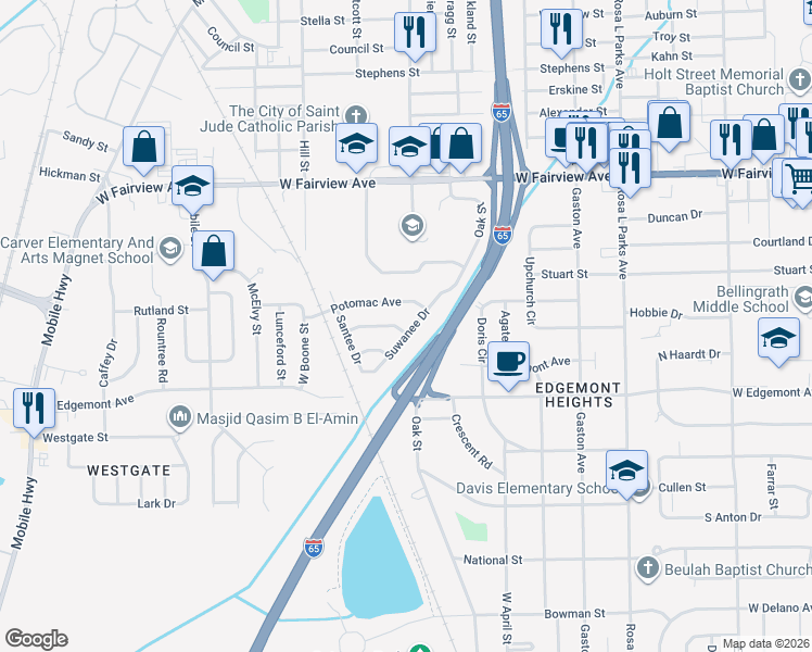 map of restaurants, bars, coffee shops, grocery stores, and more near 3409 Suwanee Drive in Montgomery