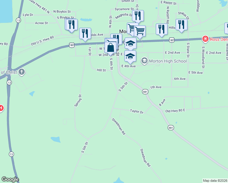 map of restaurants, bars, coffee shops, grocery stores, and more near 1702 Old Highway 13 South in Morton