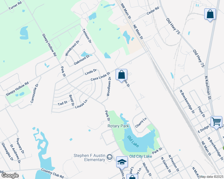 map of restaurants, bars, coffee shops, grocery stores, and more near 2402 Woodlawn Drive in Ennis