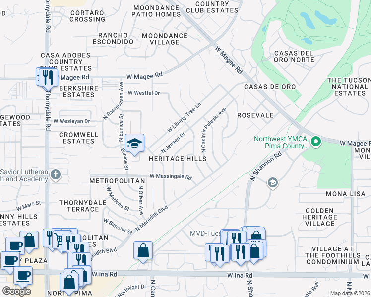 map of restaurants, bars, coffee shops, grocery stores, and more near 7680 North Saffron Avenue in Tucson