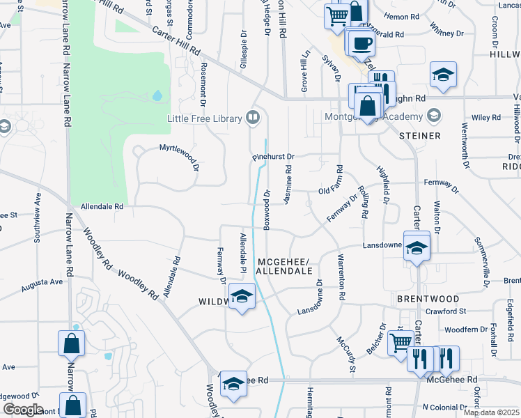 map of restaurants, bars, coffee shops, grocery stores, and more near 2407 Fernway Drive in Montgomery