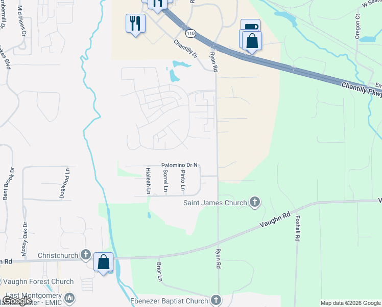 map of restaurants, bars, coffee shops, grocery stores, and more near 10842 Palomino Drive North in Montgomery